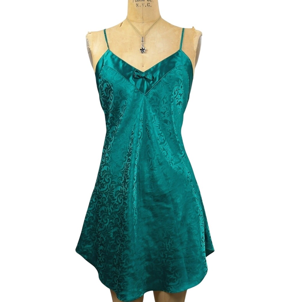 90s Emerald Floral Jacquard Slip Dress Chemise Babydoll Nighty Whimsigoth Vtg M